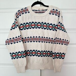 vintage French Navy Sweater White Fair Isle Crew Neck Pullover Knit sz medium